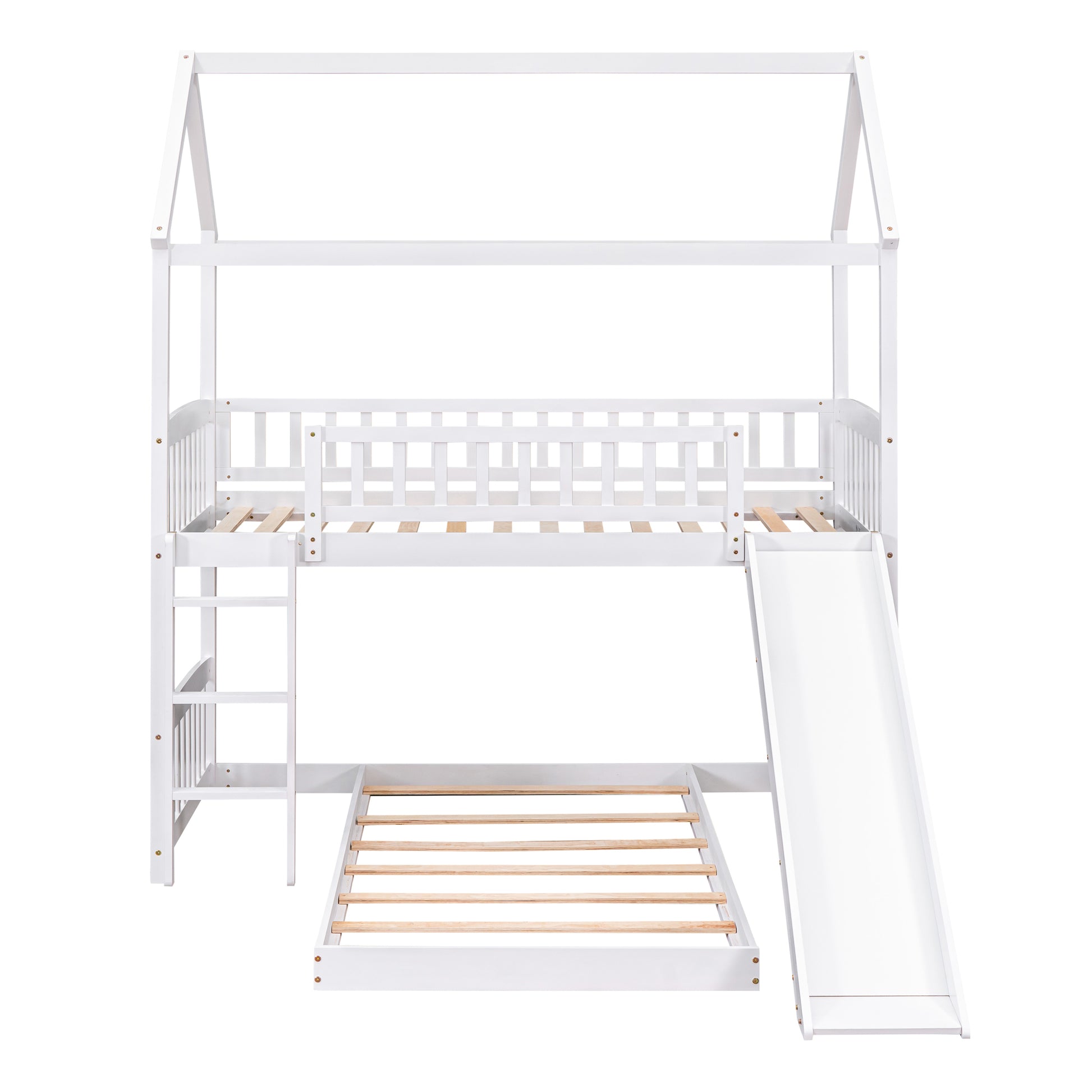 Twin Over Twin Bunk Bed With Slide, House Bed With Slide, White Old Sku: Lt000214Aak White Solid Wood