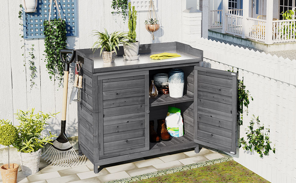 Outdoor 39" Potting Bench Table, Rustic Garden Wood Workstation Storage Cabinet Garden Shed With 2 Tier Shelves And Side Hook, Grey Grey Garden & Outdoor Casual Wood Solid Wood