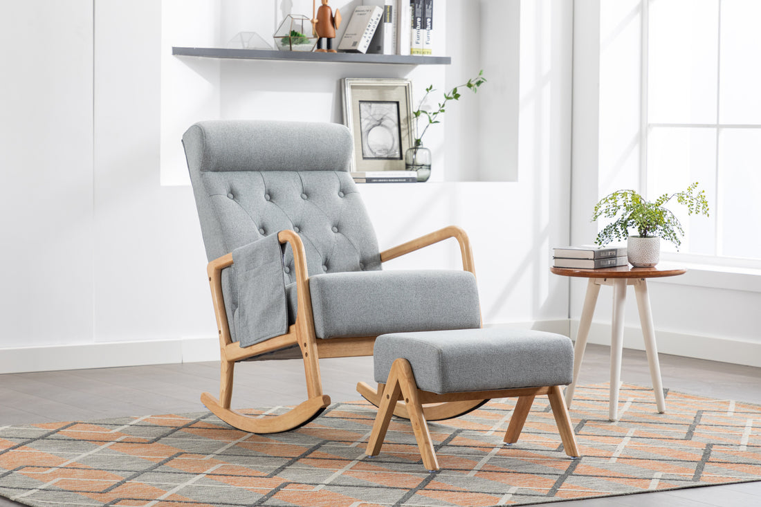 Coolmore Rocking Chair With Ottoman, Mid Century Modern Upholstered Fabric Rocking Armchair, Rocking Chair Nursery With Thick Padded Cushion, High Backrest Accent Glider Rocker Chair For Living Room Light Grey Solid Wood