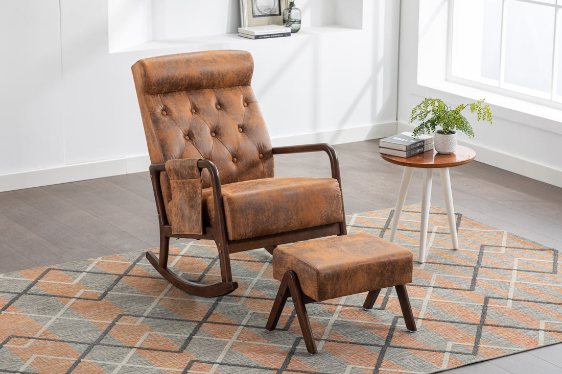 Coolmore Rocking Chair With Ottoman, Mid Century Modern Upholstered Fabric Rocking Armchair, Rocking Chair Nursery With Thick Padded Cushion, High Backrest Accent Glider Rocker Chair For Living Room Coffee Solid Wood