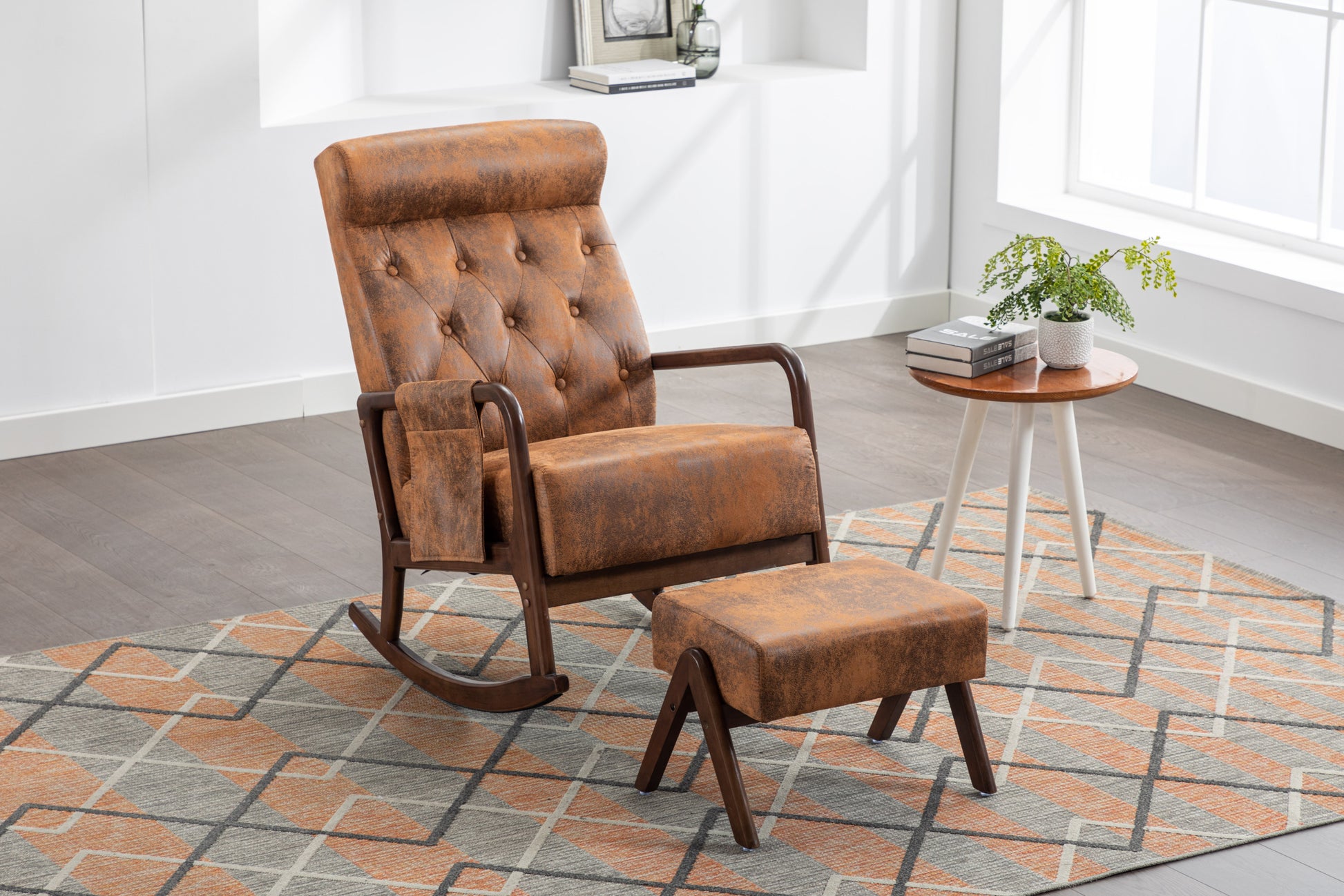 Coolmore Rocking Chair With Ottoman, Mid Century Modern Upholstered Fabric Rocking Armchair, Rocking Chair Nursery With Thick Padded Cushion, High Backrest Accent Glider Rocker Chair For Living Room Coffee Solid Wood