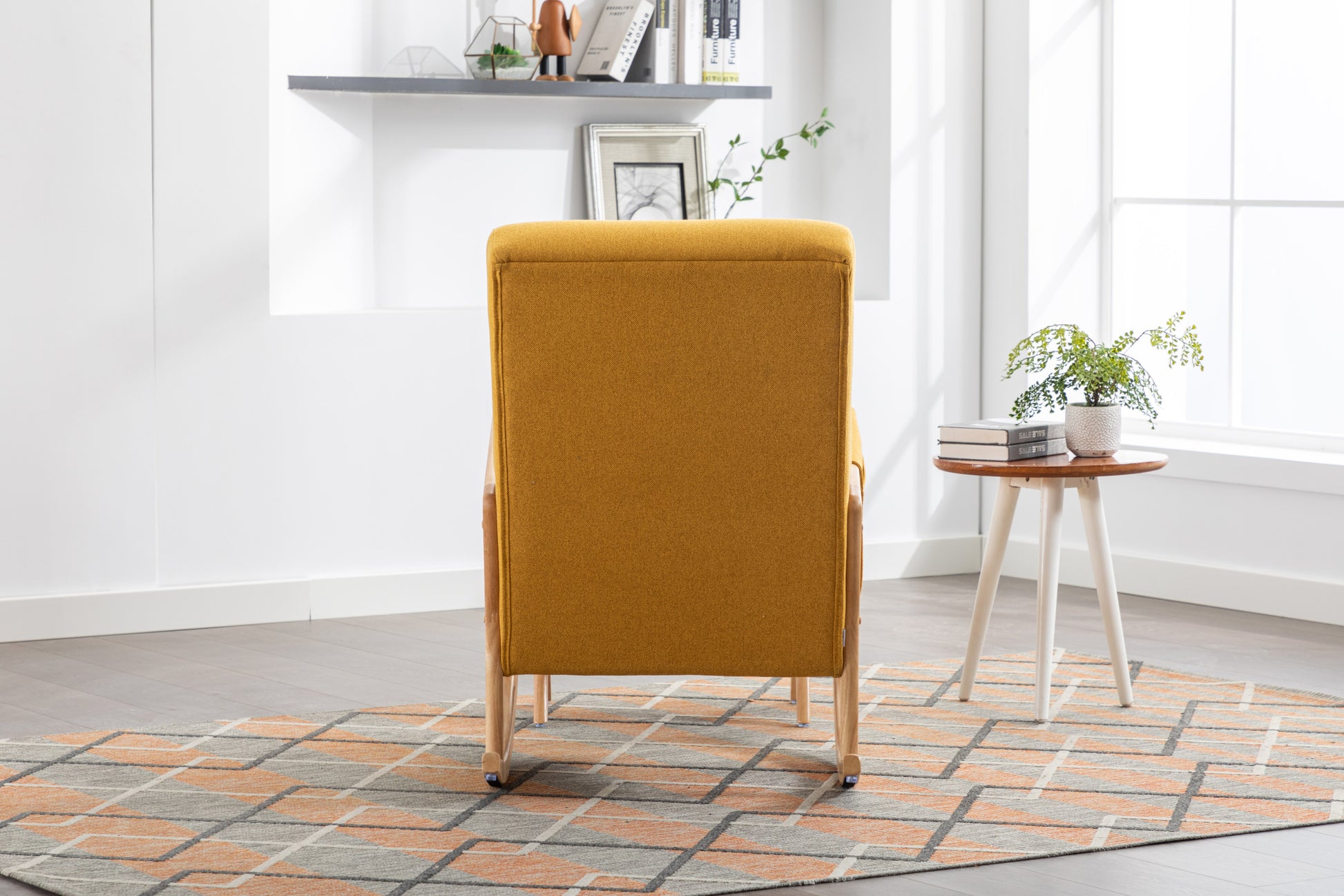 Coolmore Rocking Chair With Ottoman, Mid Century Modern Upholstered Fabric Rocking Armchair, Rocking Chair Nursery With Thick Padded Cushion, High Backrest Accent Glider Rocker Chair For Living Room Yellow Solid Wood