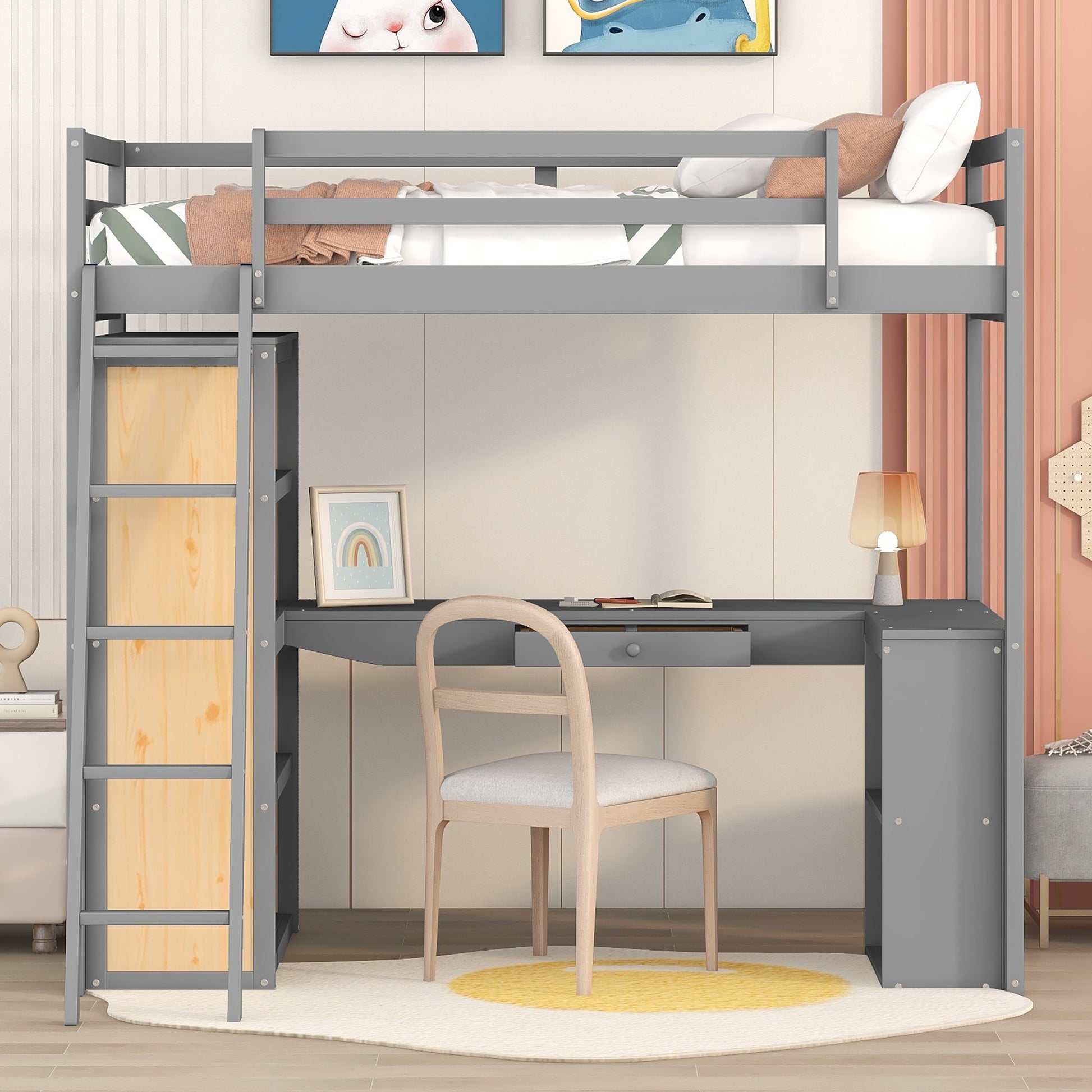 Twin Size Loft Bed With Ladder, Shelves, And Desk, Gray Lt000225Aae Gray Solid Wood Mdf