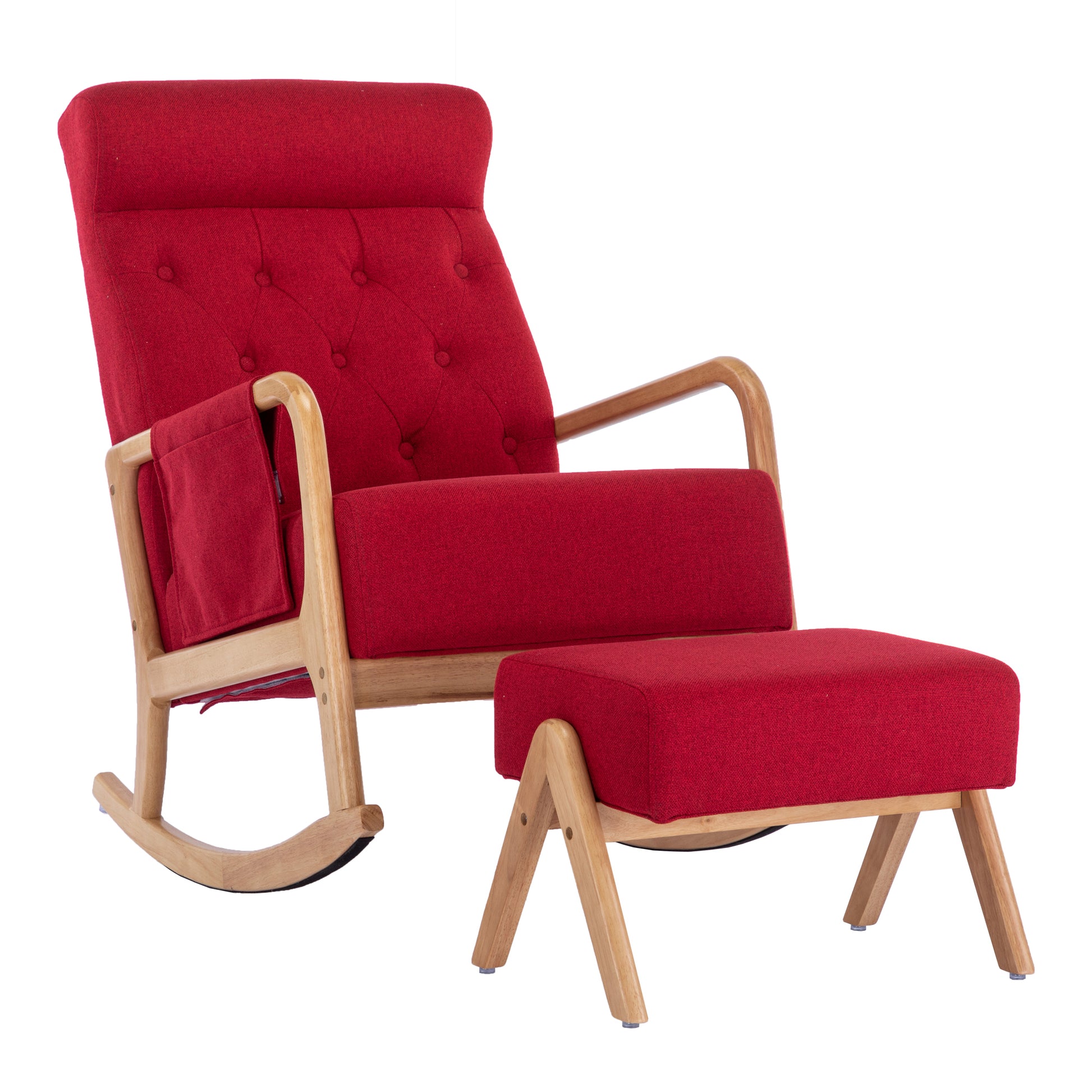 Coolmore Rocking Chair With Ottoman, Mid Century Modern Upholstered Fabric Rocking Armchair, Rocking Chair Nursery With Thick Padded Cushion, High Backrest Accent Glider Rocker Chair For Living Room Red Solid Wood