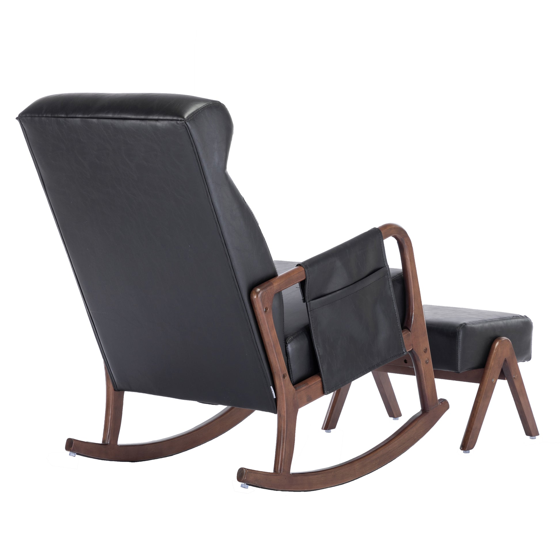 Coolmore Rocking Chair With Ottoman, Mid Century Modern Upholstered Fabric Rocking Armchair, Rocking Chair Nursery With Thick Padded Cushion, High Backrest Accent Glider Rocker Chair For Living Room Black Pu Solid Wood