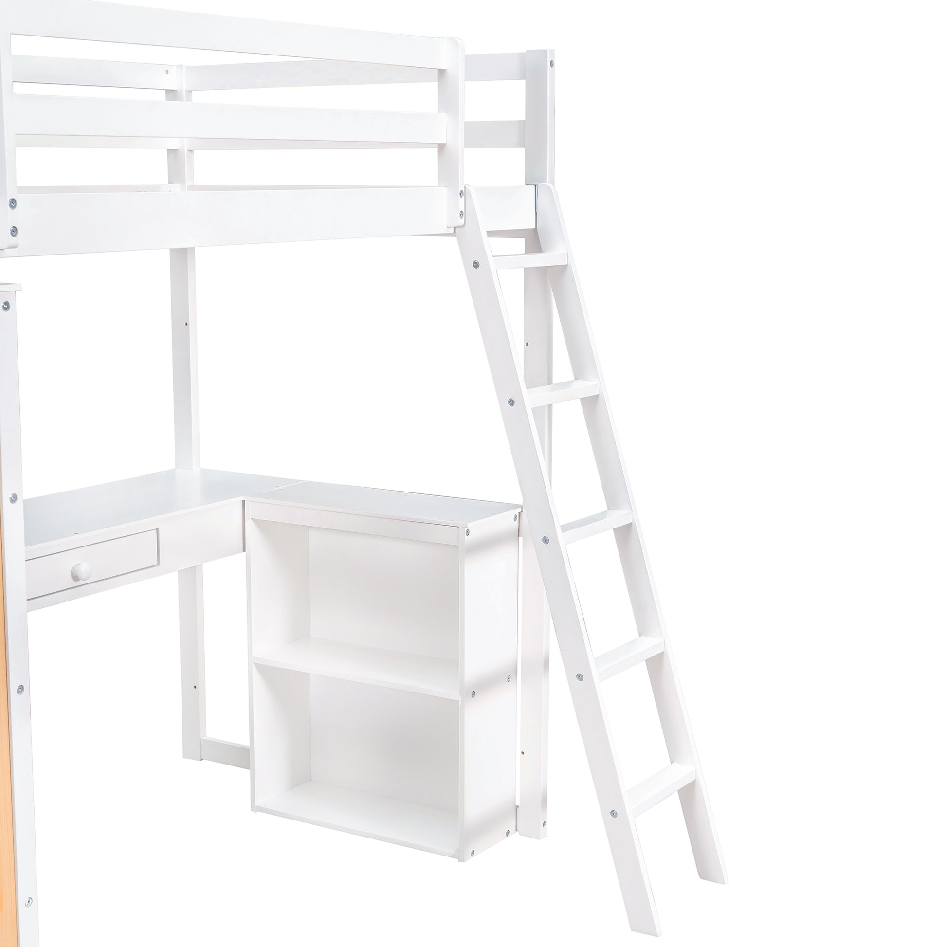 Twin Size Loft Bed With Ladder, Shelves, And Desk, White Old Sku:Lt000225Aak White Solid Wood Mdf