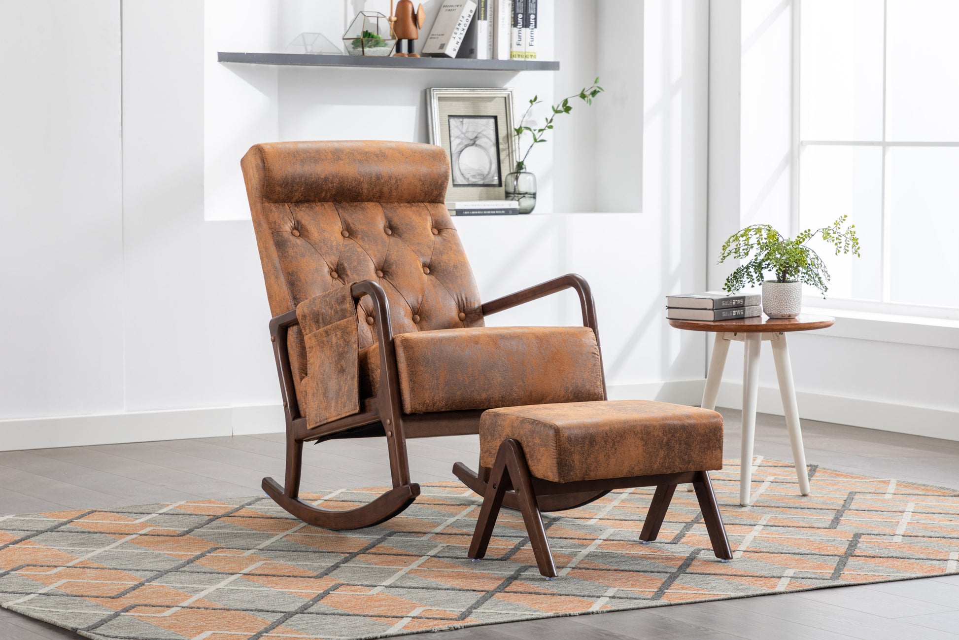 Coolmore Rocking Chair With Ottoman, Mid Century Modern Upholstered Fabric Rocking Armchair, Rocking Chair Nursery With Thick Padded Cushion, High Backrest Accent Glider Rocker Chair For Living Room Coffee Solid Wood