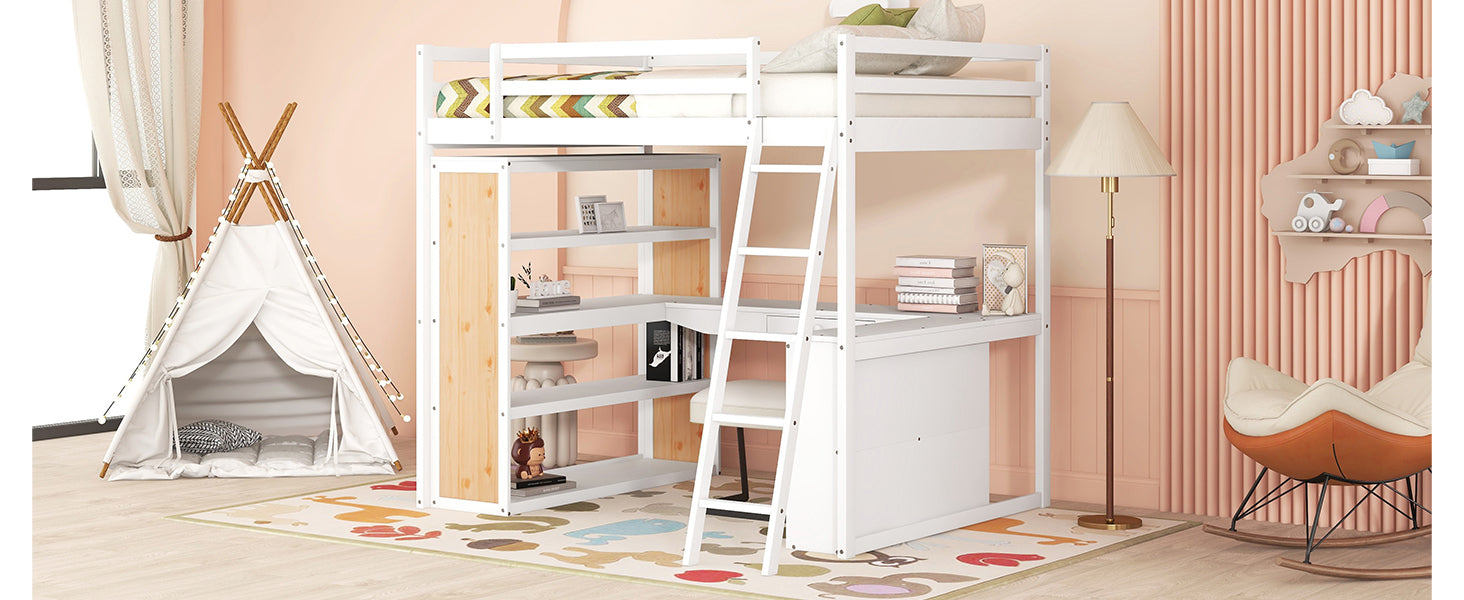 Full Size Loft Bed With Ladder, Shelves, And Desk, White Old Sku:Lt000226Aak White Solid Wood Mdf