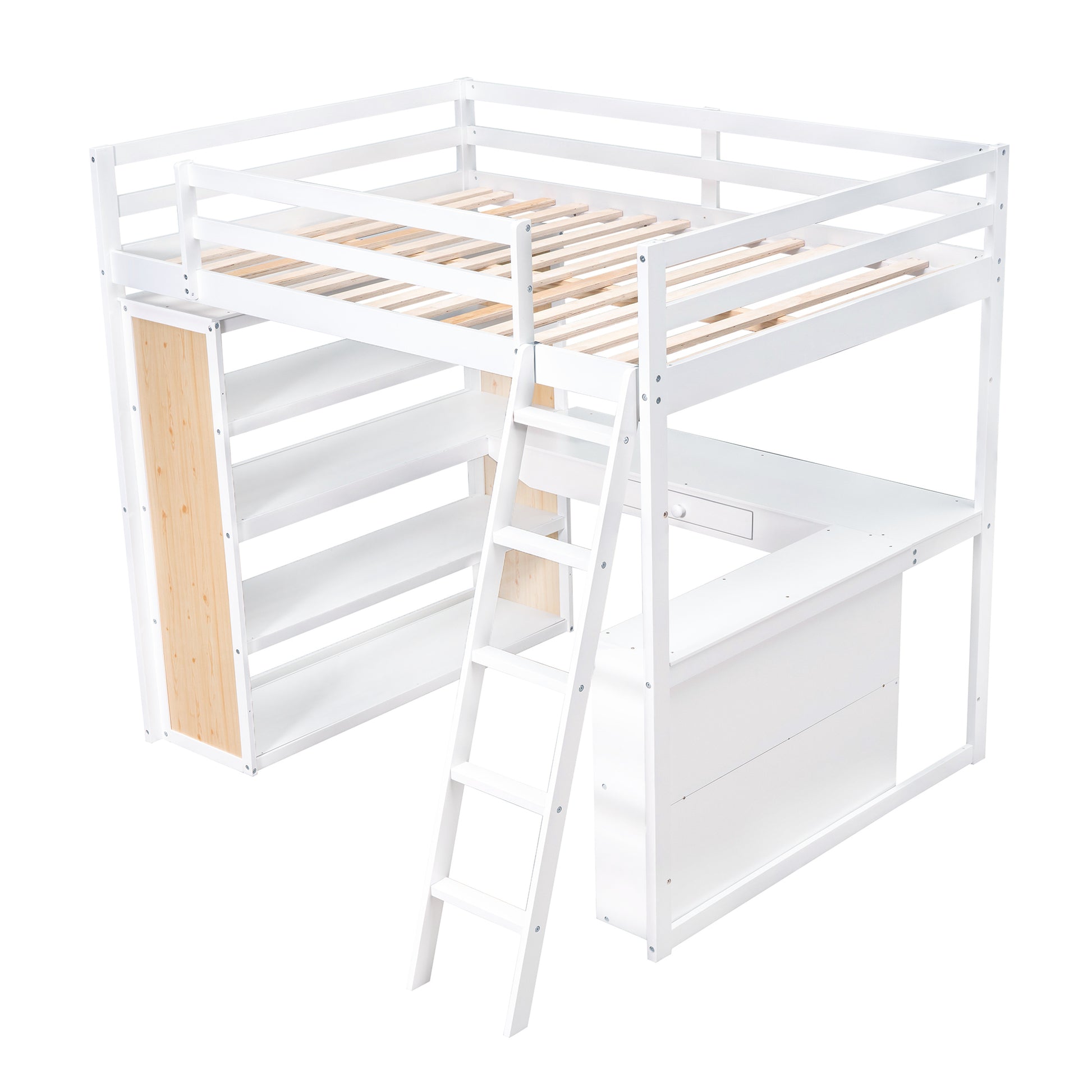 Full Size Loft Bed With Ladder, Shelves, And Desk, White Old Sku:Lt000226Aak White Solid Wood Mdf