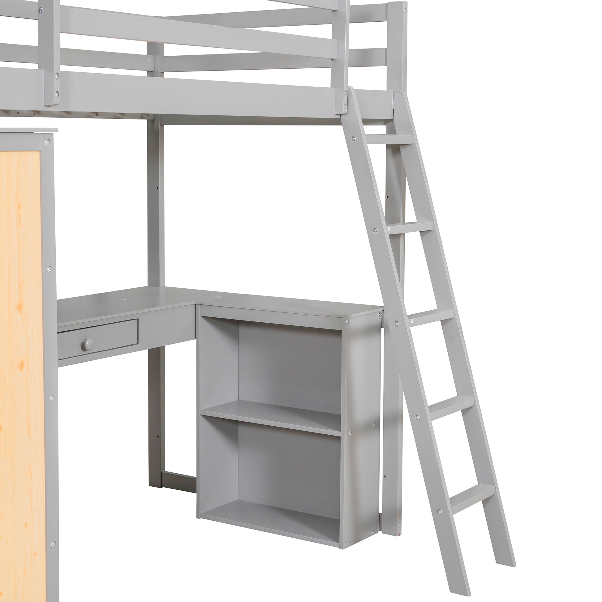 Twin Size Loft Bed With Ladder, Shelves, And Desk, Gray Lt000225Aae Gray Solid Wood Mdf