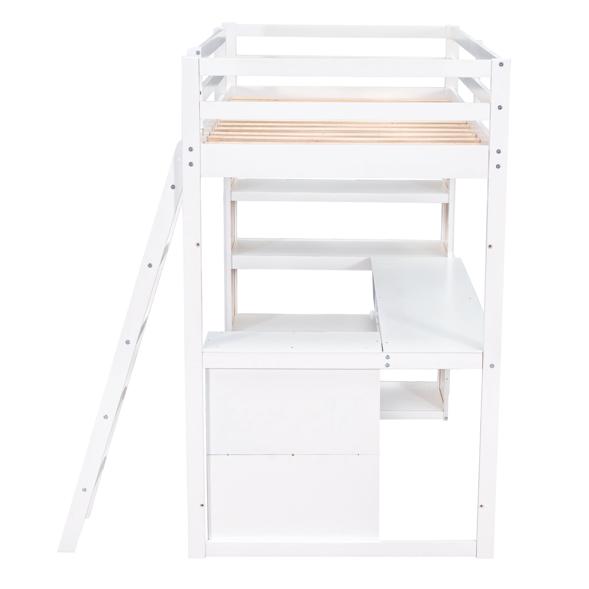 Twin Size Loft Bed With Ladder, Shelves, And Desk, White Old Sku:Lt000225Aak White Solid Wood Mdf