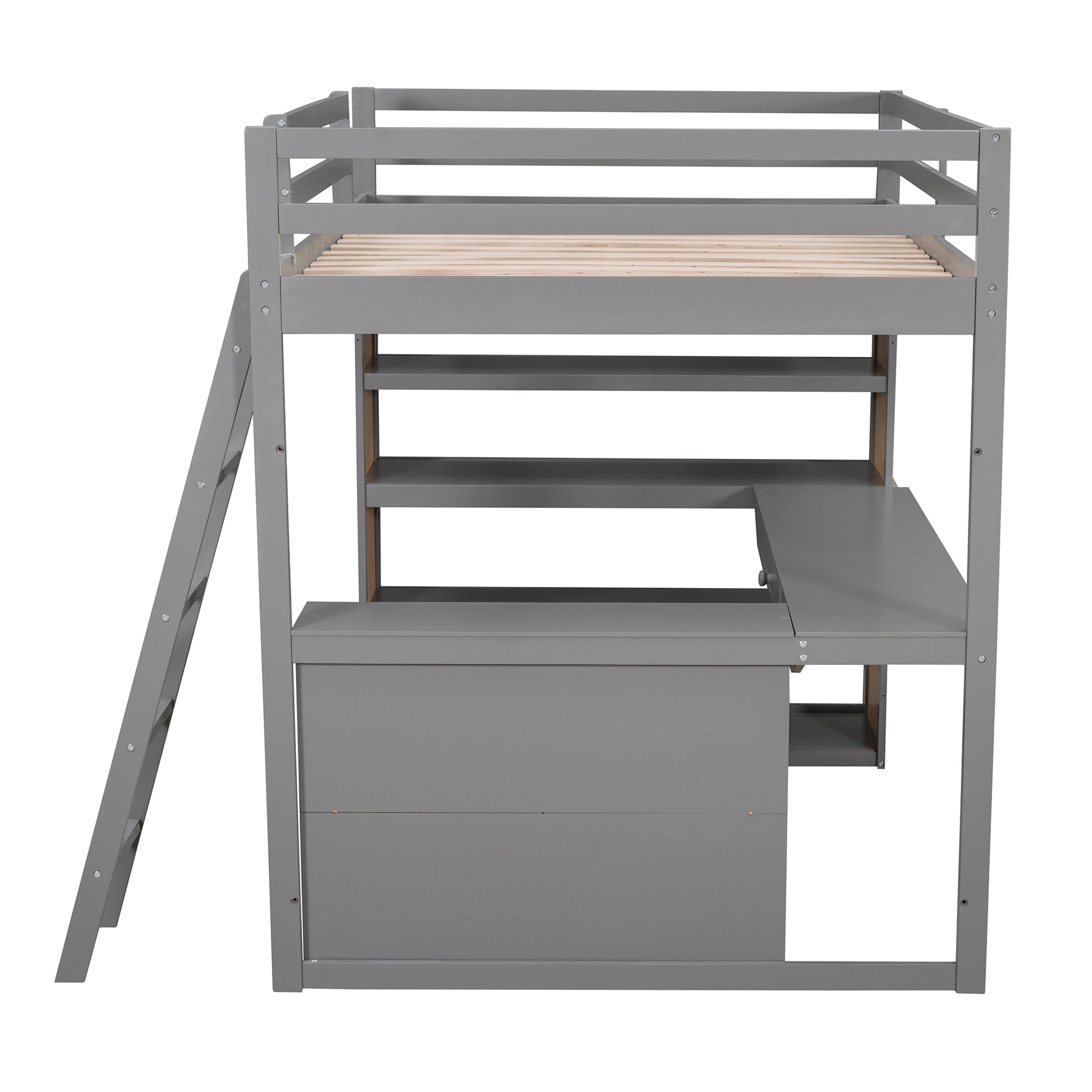 Full Size Loft Bed With Ladder, Shelves, And Desk, Gray Old Sku:Lt100226Aae Gray Solid Wood Mdf