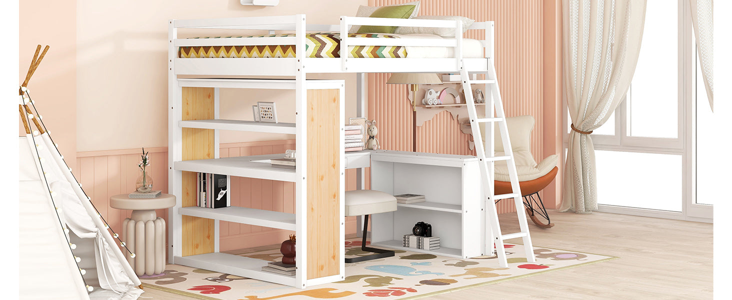 Full Size Loft Bed With Ladder, Shelves, And Desk, White Old Sku:Lt000226Aak White Solid Wood Mdf