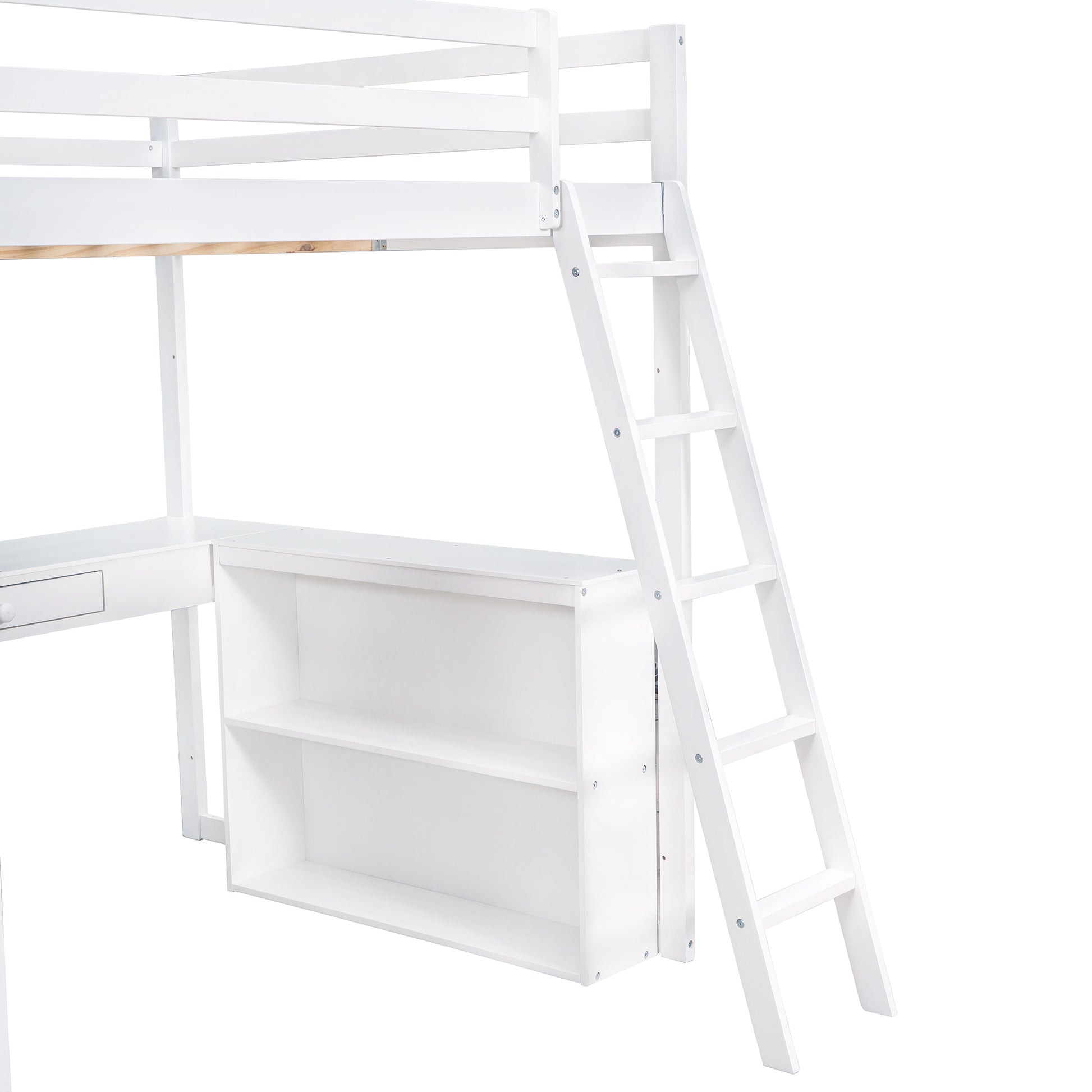 Full Size Loft Bed With Ladder, Shelves, And Desk, White Old Sku:Lt000226Aak White Solid Wood Mdf