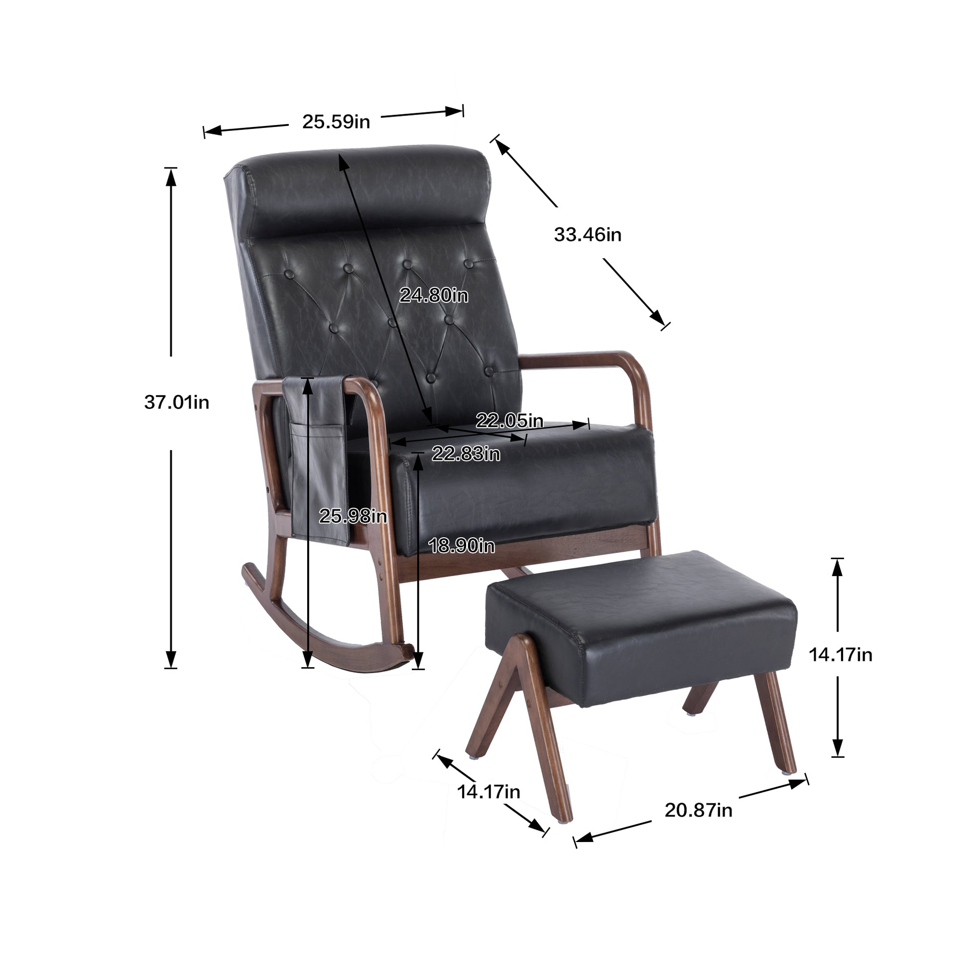 Coolmore Rocking Chair With Ottoman, Mid Century Modern Upholstered Fabric Rocking Armchair, Rocking Chair Nursery With Thick Padded Cushion, High Backrest Accent Glider Rocker Chair For Living Room Black Pu Solid Wood