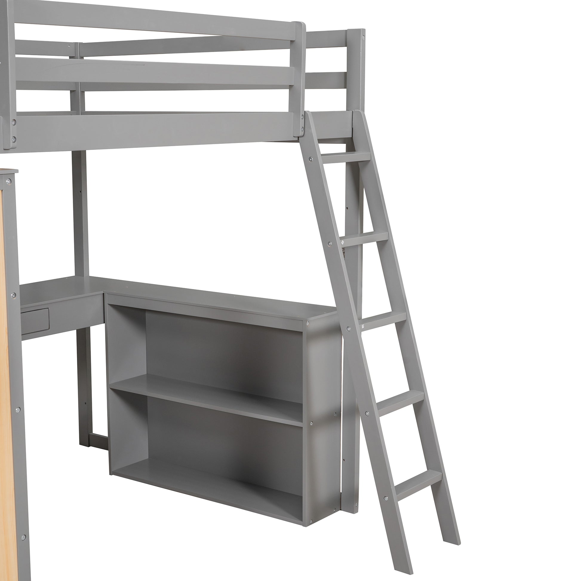 Full Size Loft Bed With Ladder, Shelves, And Desk, Gray Old Sku:Lt100226Aae Gray Solid Wood Mdf