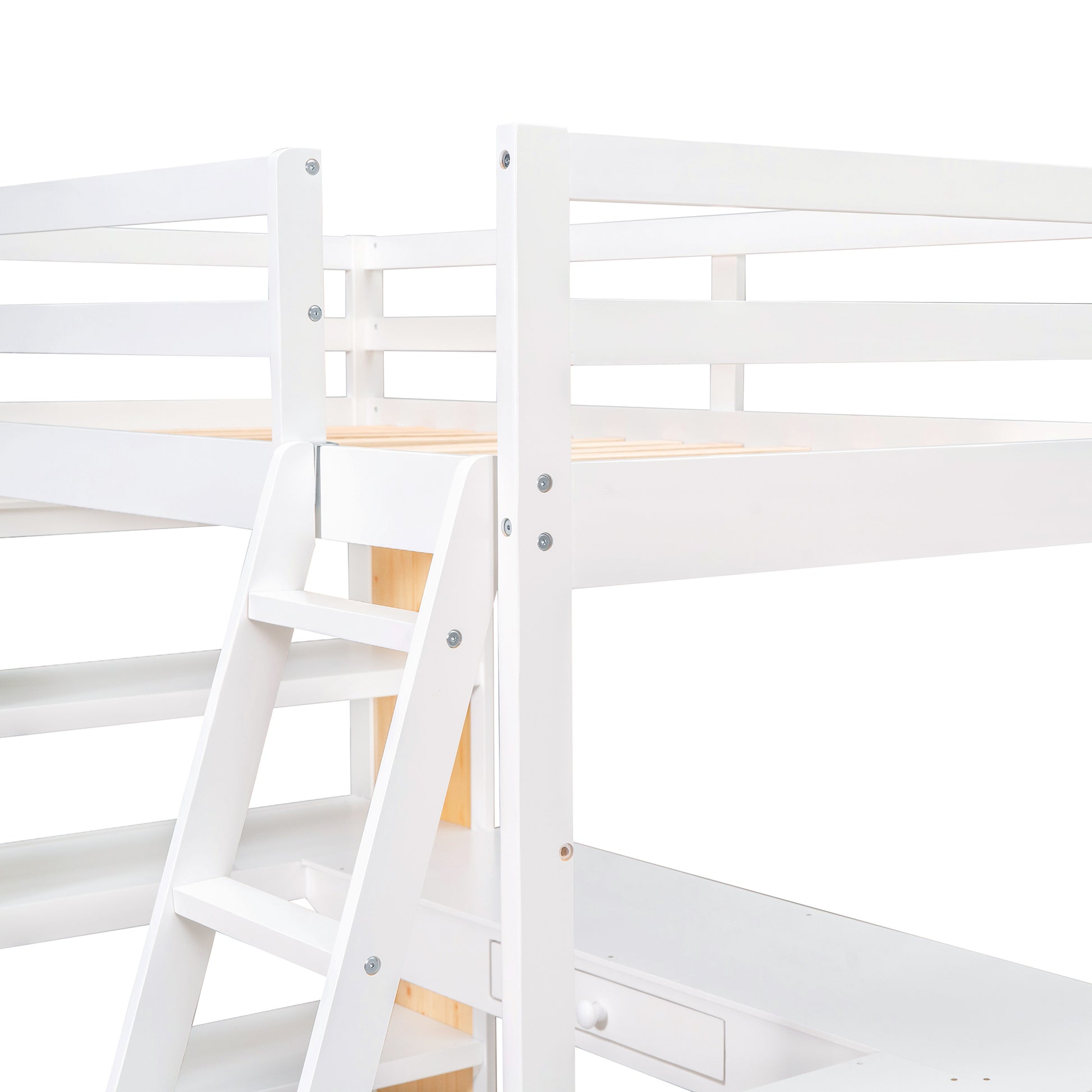 Twin Size Loft Bed With Ladder, Shelves, And Desk, White Old Sku:Lt000225Aak White Solid Wood Mdf