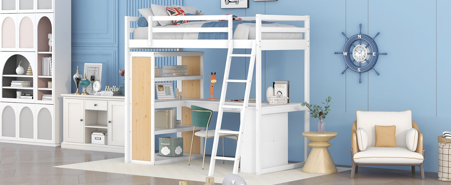 Twin Size Loft Bed With Ladder, Shelves, And Desk, White Old Sku:Lt000225Aak White Solid Wood Mdf