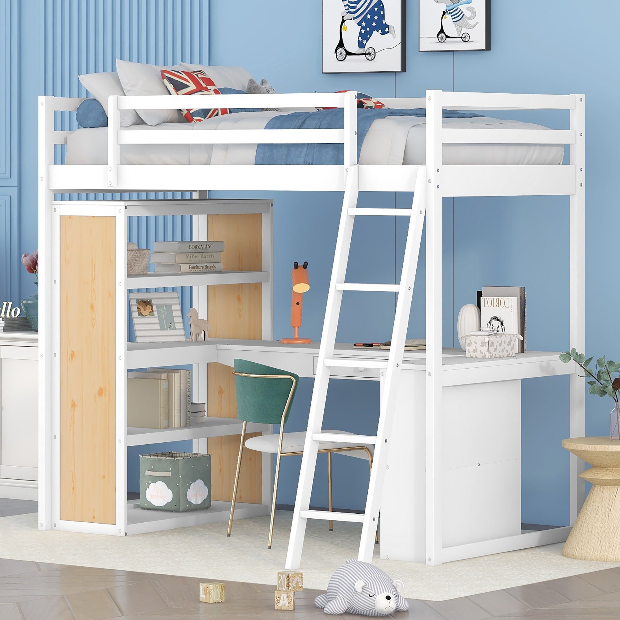 Twin Size Loft Bed With Ladder, Shelves, And Desk, White Old Sku:Lt000225Aak White Solid Wood Mdf