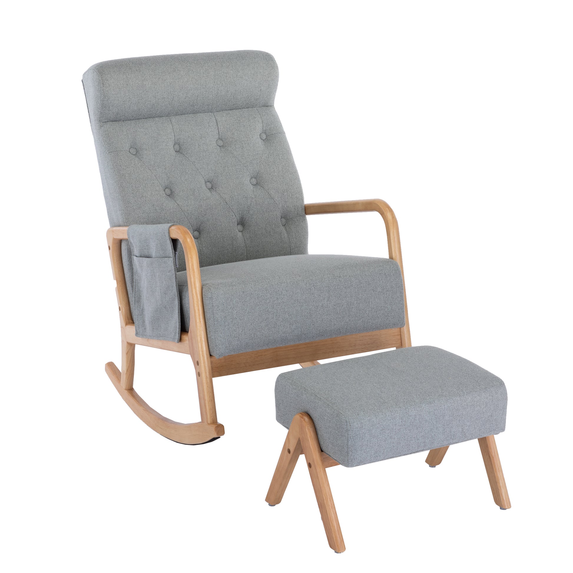 Coolmore Rocking Chair With Ottoman, Mid Century Modern Upholstered Fabric Rocking Armchair, Rocking Chair Nursery With Thick Padded Cushion, High Backrest Accent Glider Rocker Chair For Living Room Light Grey Solid Wood