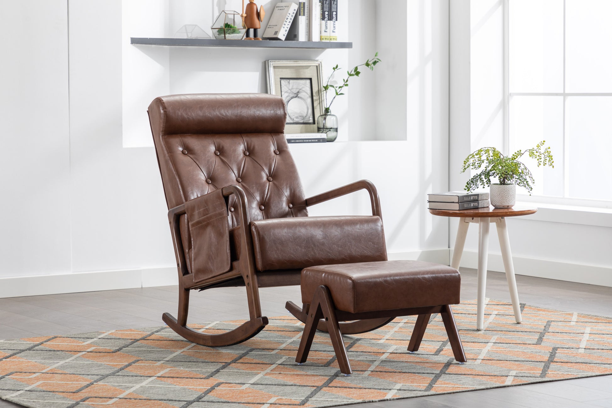 Coolmore Rocking Chair With Ottoman, Mid Century Modern Upholstered Fabric Rocking Armchair, Rocking Chair Nursery With Thick Padded Cushion, High Backrest Accent Glider Rocker Chair For Living Room Brown Pu Solid Wood