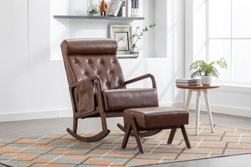 Coolmore Rocking Chair With Ottoman, Mid Century Modern Upholstered Fabric Rocking Armchair, Rocking Chair Nursery With Thick Padded Cushion, High Backrest Accent Glider Rocker Chair For Living Room Brown Pu Solid Wood