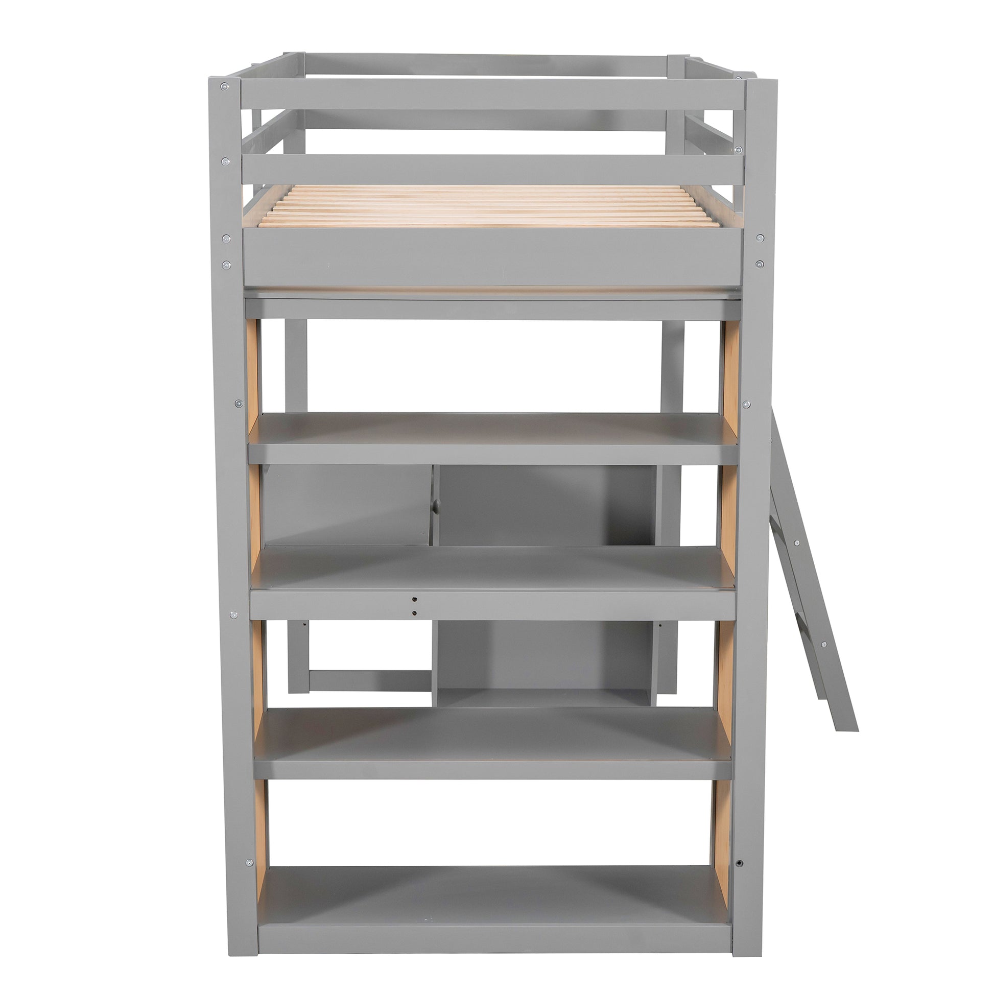 Twin Size Loft Bed With Ladder, Shelves, And Desk, Gray Lt000225Aae Gray Solid Wood Mdf