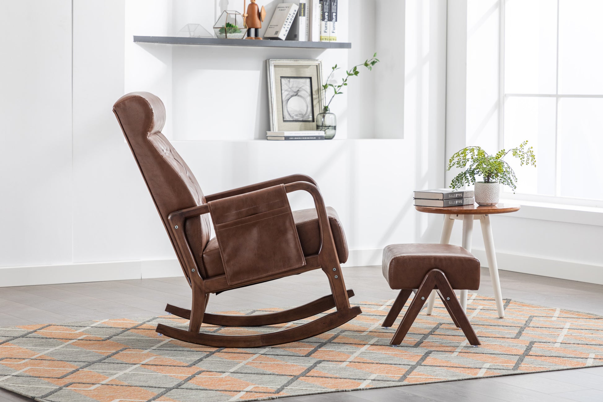 Coolmore Rocking Chair With Ottoman, Mid Century Modern Upholstered Fabric Rocking Armchair, Rocking Chair Nursery With Thick Padded Cushion, High Backrest Accent Glider Rocker Chair For Living Room Brown Pu Solid Wood