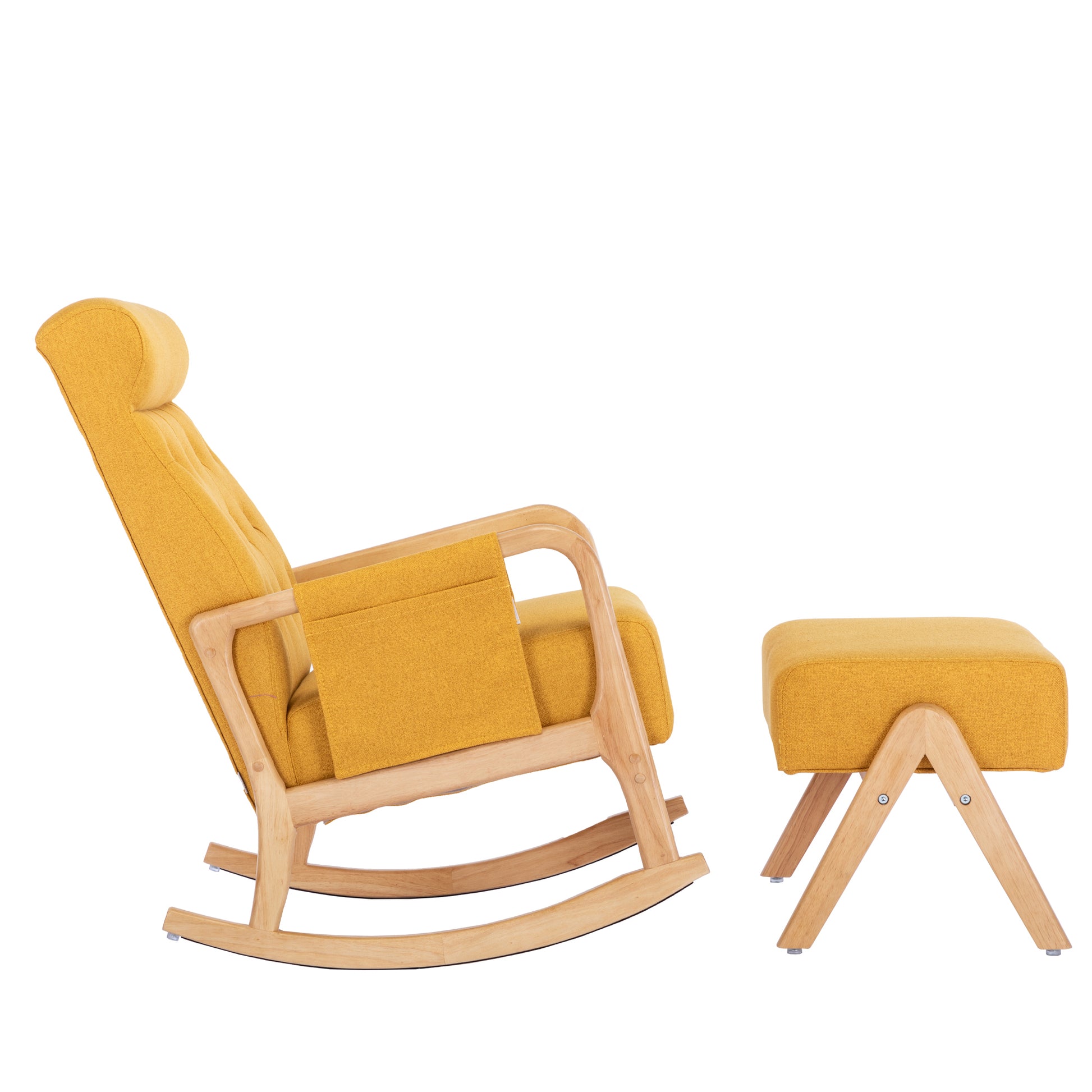Coolmore Rocking Chair With Ottoman, Mid Century Modern Upholstered Fabric Rocking Armchair, Rocking Chair Nursery With Thick Padded Cushion, High Backrest Accent Glider Rocker Chair For Living Room Yellow Solid Wood
