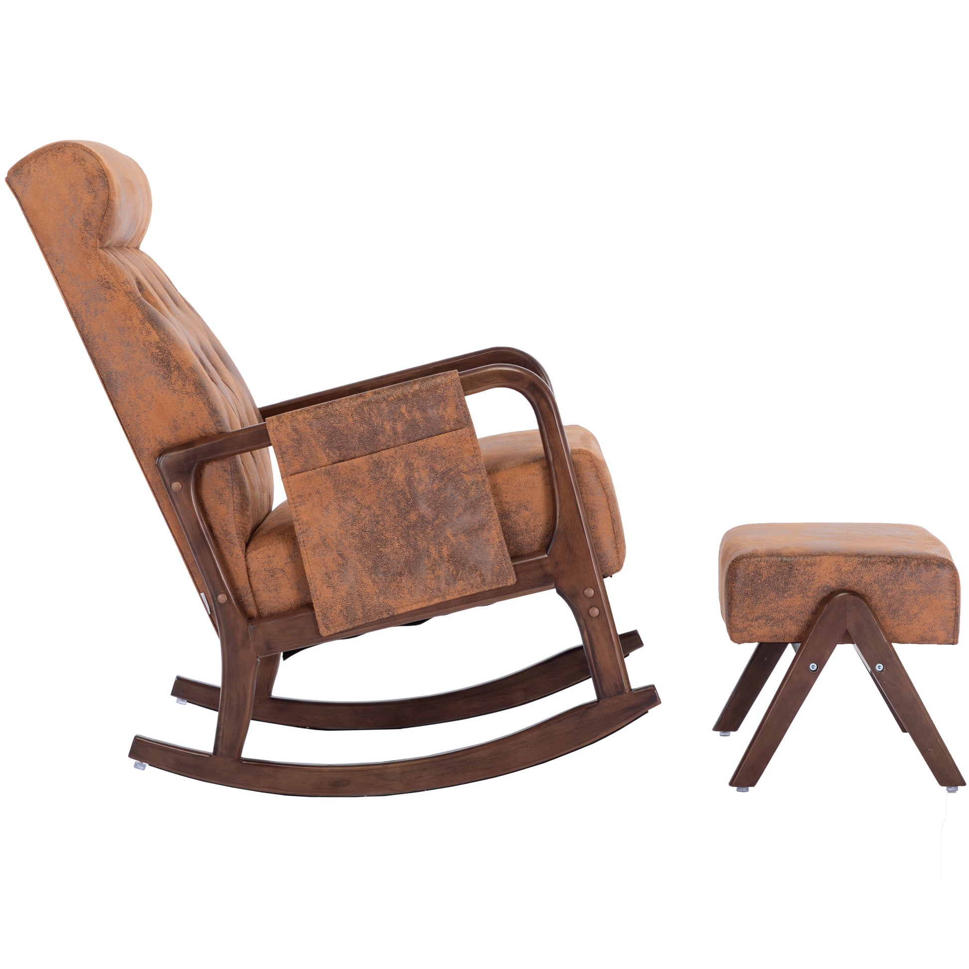 Coolmore Rocking Chair With Ottoman, Mid Century Modern Upholstered Fabric Rocking Armchair, Rocking Chair Nursery With Thick Padded Cushion, High Backrest Accent Glider Rocker Chair For Living Room Coffee Solid Wood
