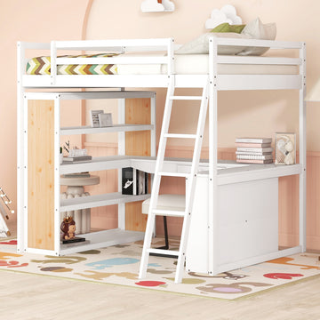 Full Size Loft Bed With Ladder, Shelves, And Desk, White Old Sku:Lt000226Aak White Solid Wood Mdf