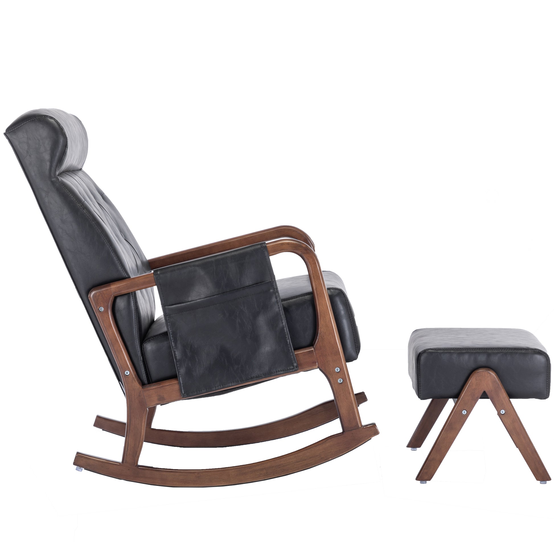 Coolmore Rocking Chair With Ottoman, Mid Century Modern Upholstered Fabric Rocking Armchair, Rocking Chair Nursery With Thick Padded Cushion, High Backrest Accent Glider Rocker Chair For Living Room Black Pu Solid Wood