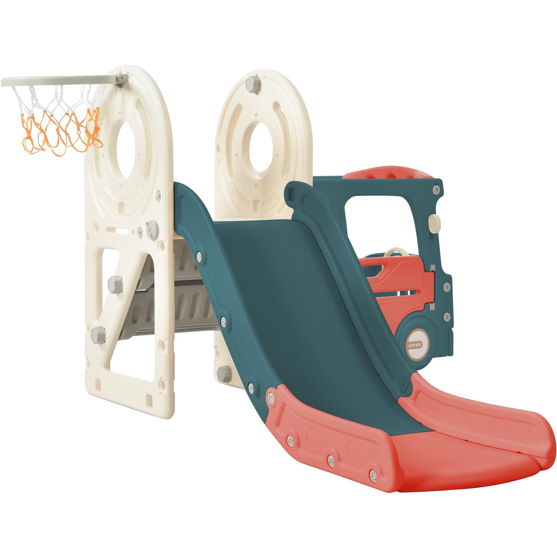 Kids Slide With Bus Play Structure, Freestanding Bus Toy With Slide For Toddlers, Bus Slide Set With Basketball Hoop Red Hdpe