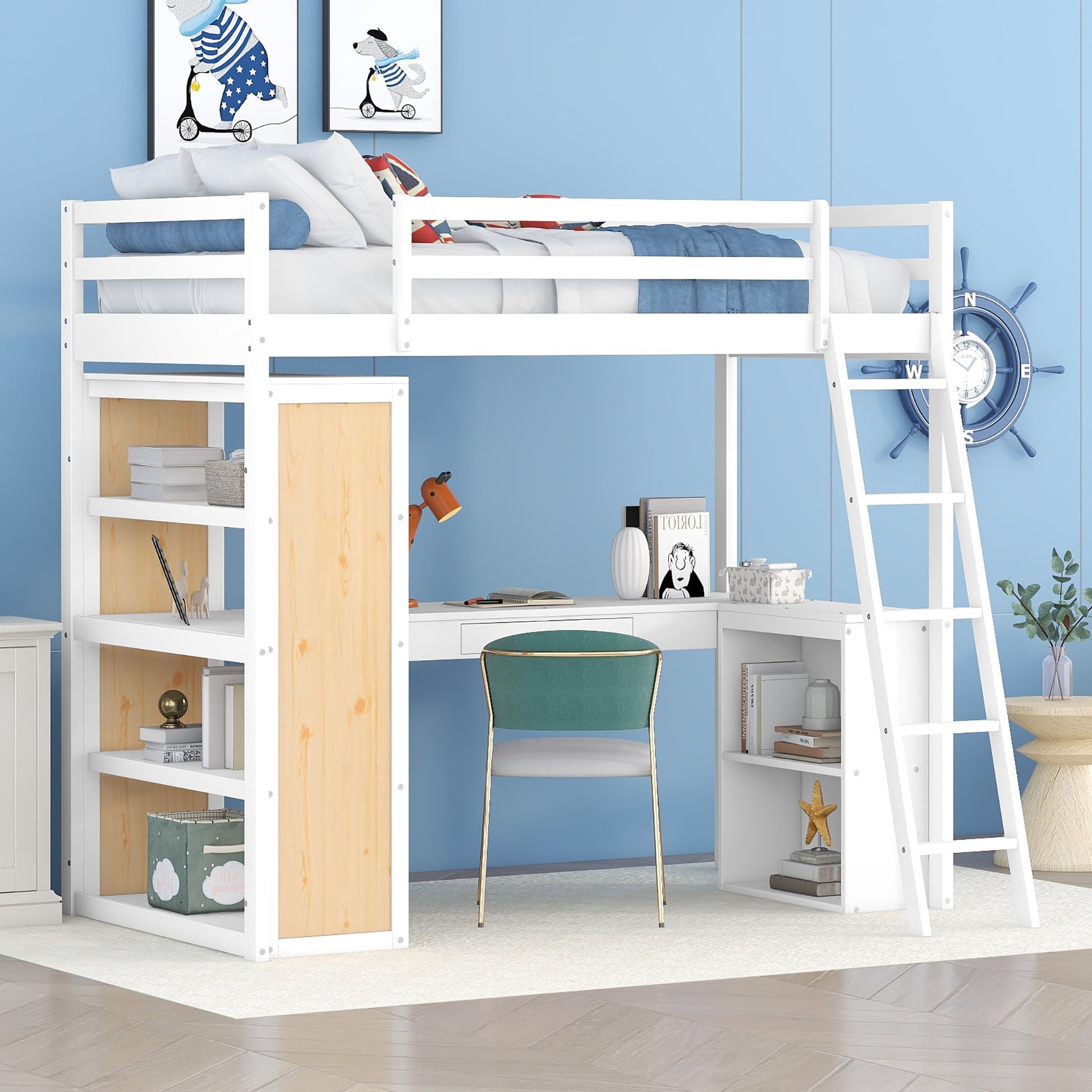 Twin Size Loft Bed With Ladder, Shelves, And Desk, White Old Sku:Lt000225Aak White Solid Wood Mdf