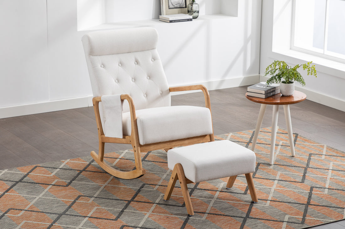 Coolmore Rocking Chair With Ottoman, Mid Century Modern Upholstered Fabric Rocking Armchair, Rocking Chair Nursery With Thick Padded Cushion, High Backrest Accent Glider Rocker Chair For Living Room Beige Solid Wood