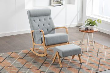 Coolmore Rocking Chair With Ottoman, Mid Century Modern Upholstered Fabric Rocking Armchair, Rocking Chair Nursery With Thick Padded Cushion, High Backrest Accent Glider Rocker Chair For Living Room Light Grey Solid Wood