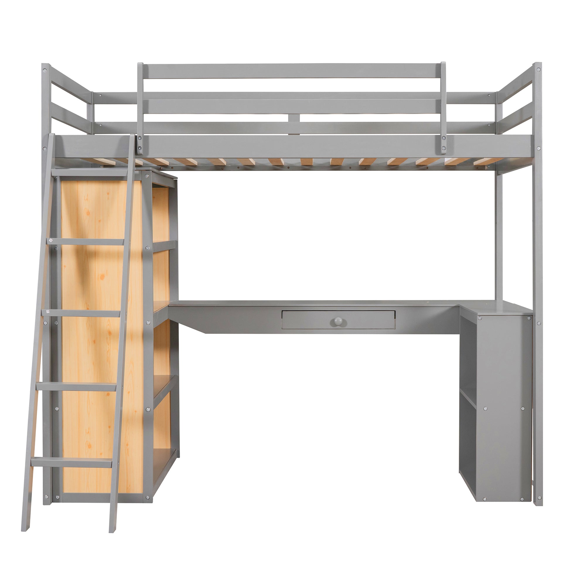 Twin Size Loft Bed With Ladder, Shelves, And Desk, Gray Lt000225Aae Gray Solid Wood Mdf