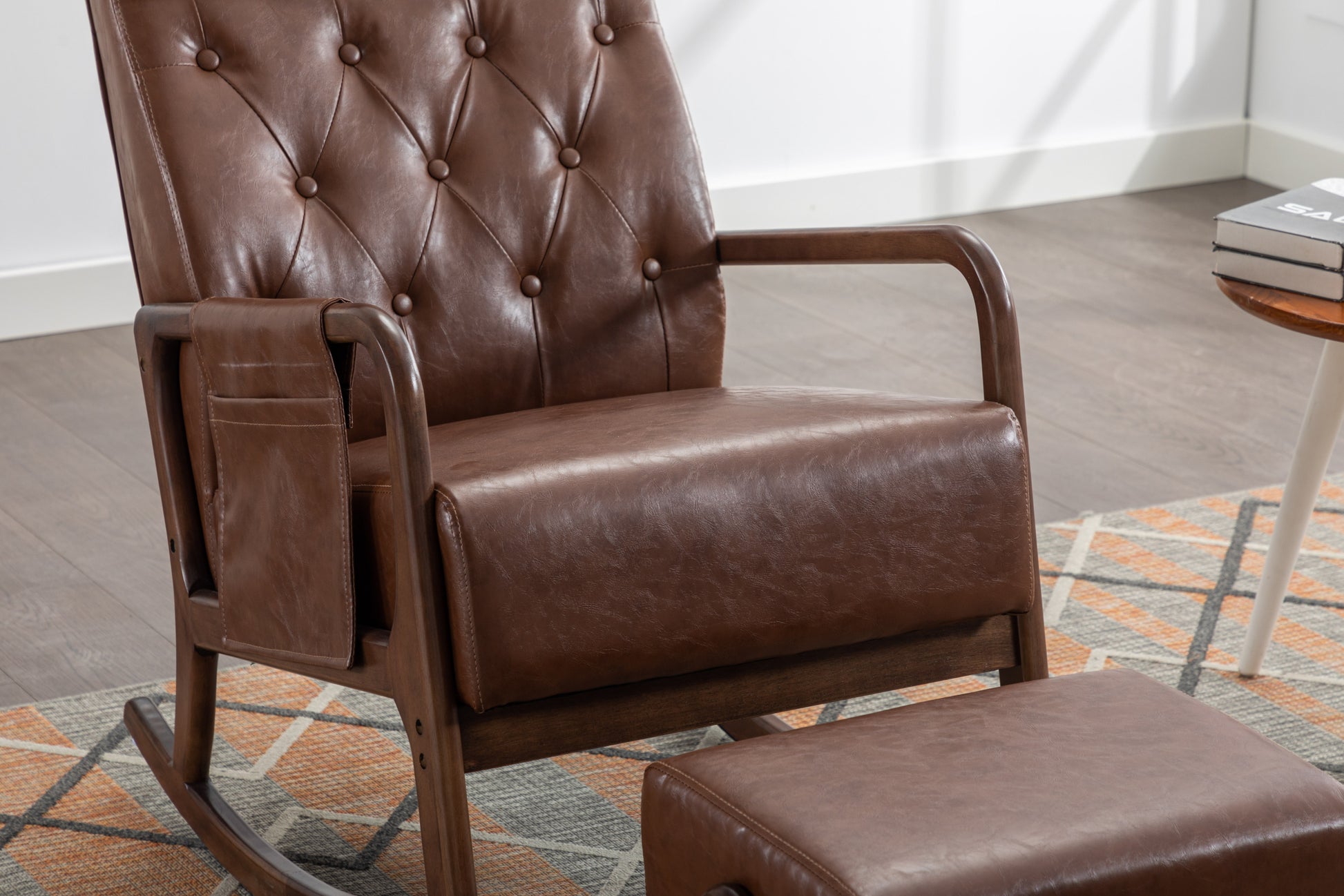 Coolmore Rocking Chair With Ottoman, Mid Century Modern Upholstered Fabric Rocking Armchair, Rocking Chair Nursery With Thick Padded Cushion, High Backrest Accent Glider Rocker Chair For Living Room Brown Pu Solid Wood