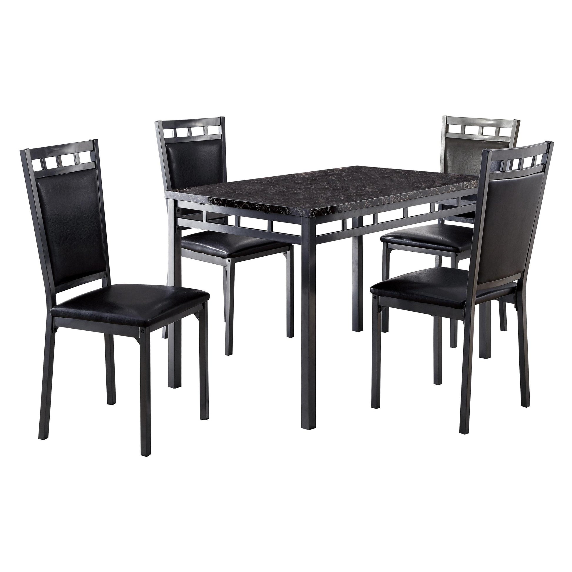 Black Finish 5Pc Dinette Set Faux Marble Top Table And 4X Side Chairs Faux Leather Upholstered Metal Frame Casual Dining Room Furniture Black Seats 4 Dining Room Rectangular Dining Table With Chair Metal