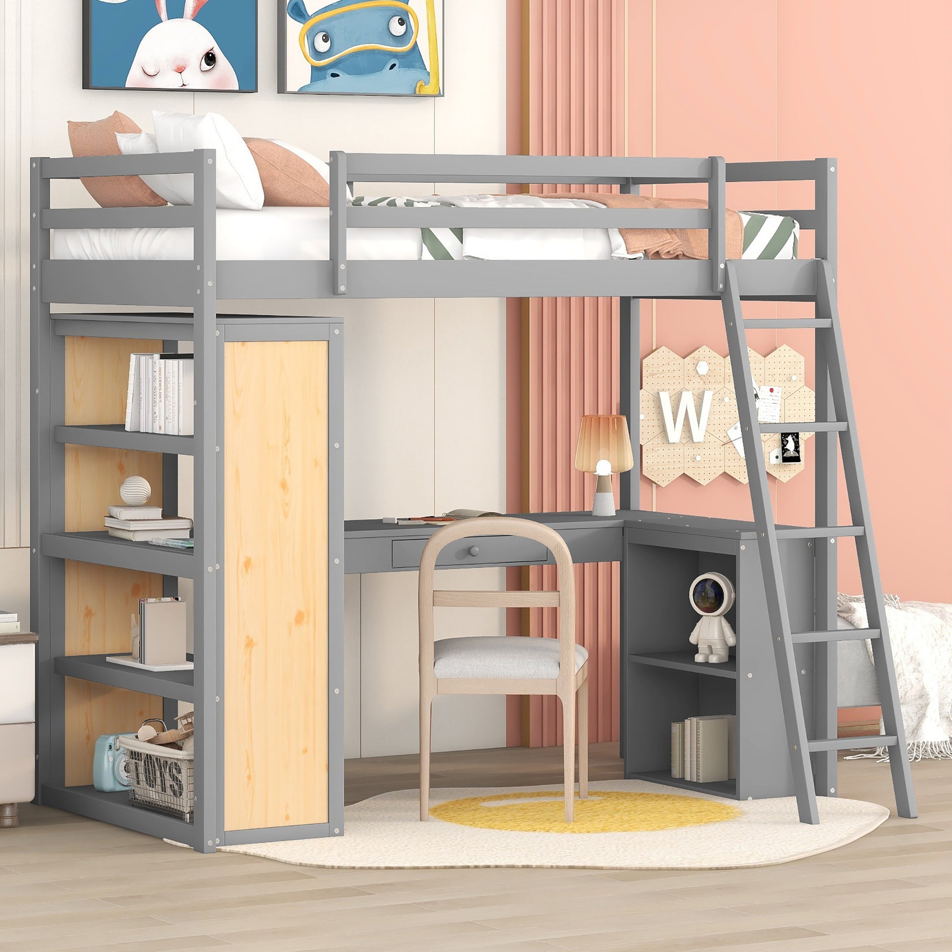 Twin Size Loft Bed With Ladder, Shelves, And Desk, Gray Lt000225Aae Gray Solid Wood Mdf