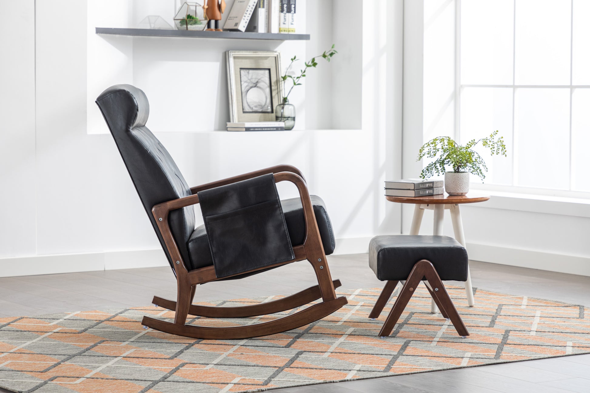 Coolmore Rocking Chair With Ottoman, Mid Century Modern Upholstered Fabric Rocking Armchair, Rocking Chair Nursery With Thick Padded Cushion, High Backrest Accent Glider Rocker Chair For Living Room Black Pu Solid Wood