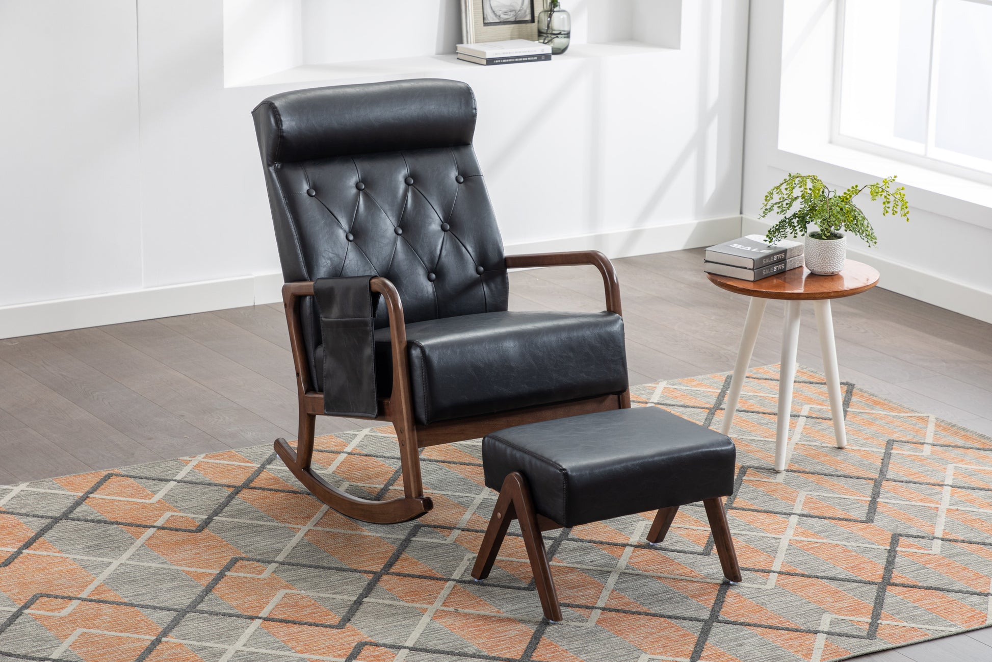 Coolmore Rocking Chair With Ottoman, Mid Century Modern Upholstered Fabric Rocking Armchair, Rocking Chair Nursery With Thick Padded Cushion, High Backrest Accent Glider Rocker Chair For Living Room Black Pu Solid Wood