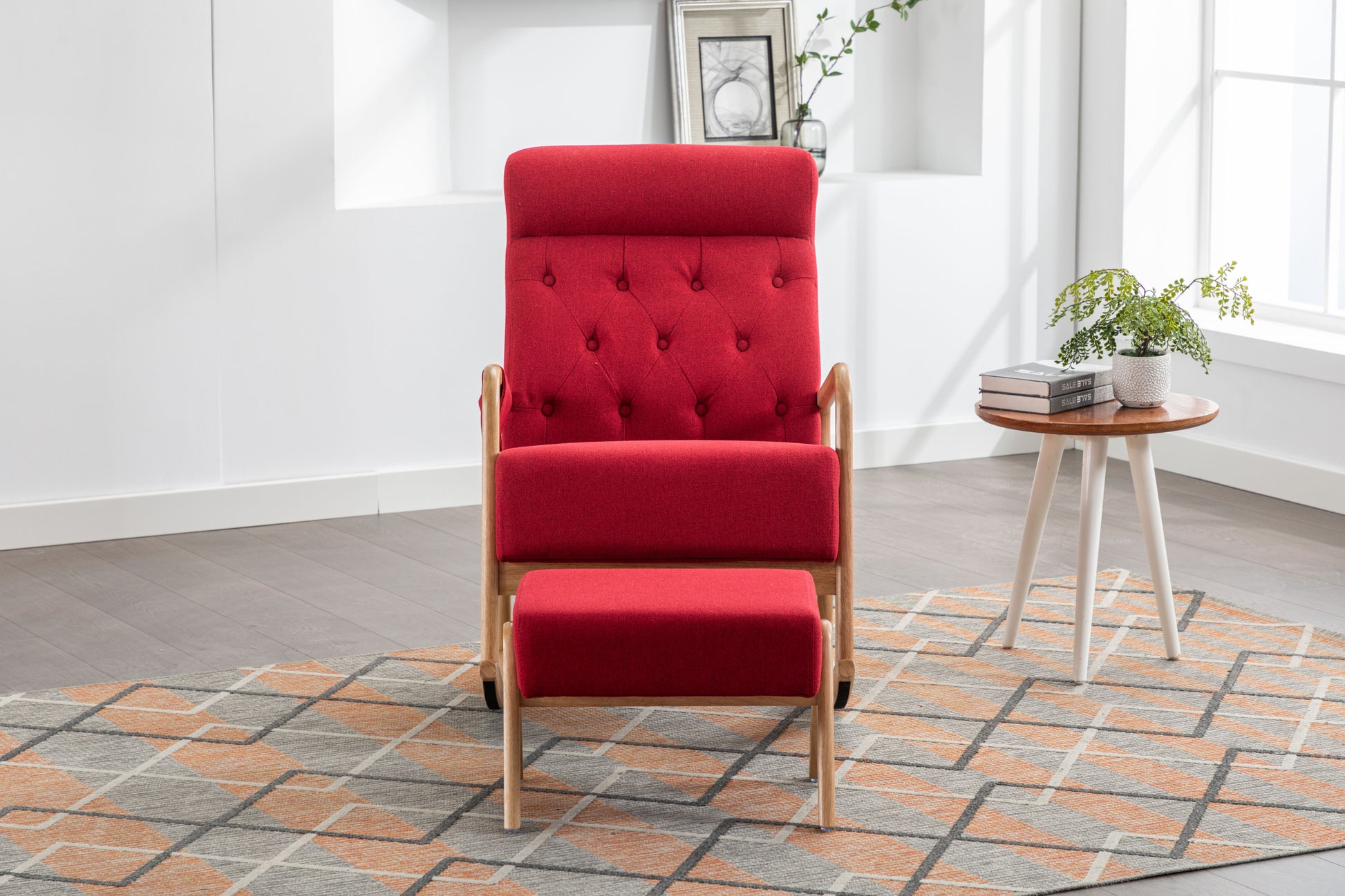 Coolmore Rocking Chair With Ottoman, Mid Century Modern Upholstered Fabric Rocking Armchair, Rocking Chair Nursery With Thick Padded Cushion, High Backrest Accent Glider Rocker Chair For Living Room Red Solid Wood
