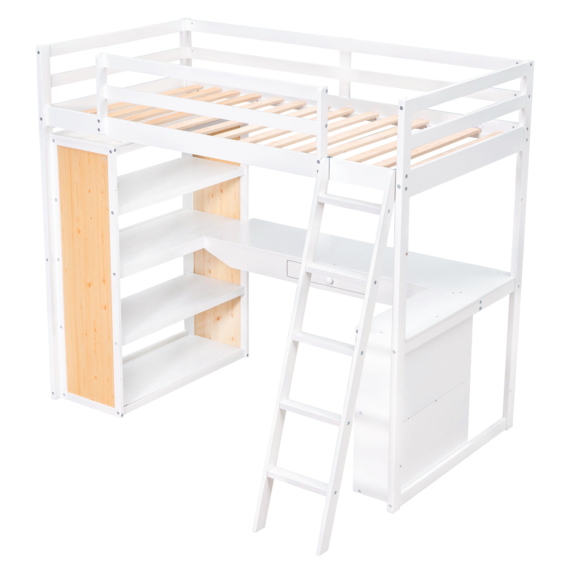 Twin Size Loft Bed With Ladder, Shelves, And Desk, White Old Sku:Lt000225Aak White Solid Wood Mdf