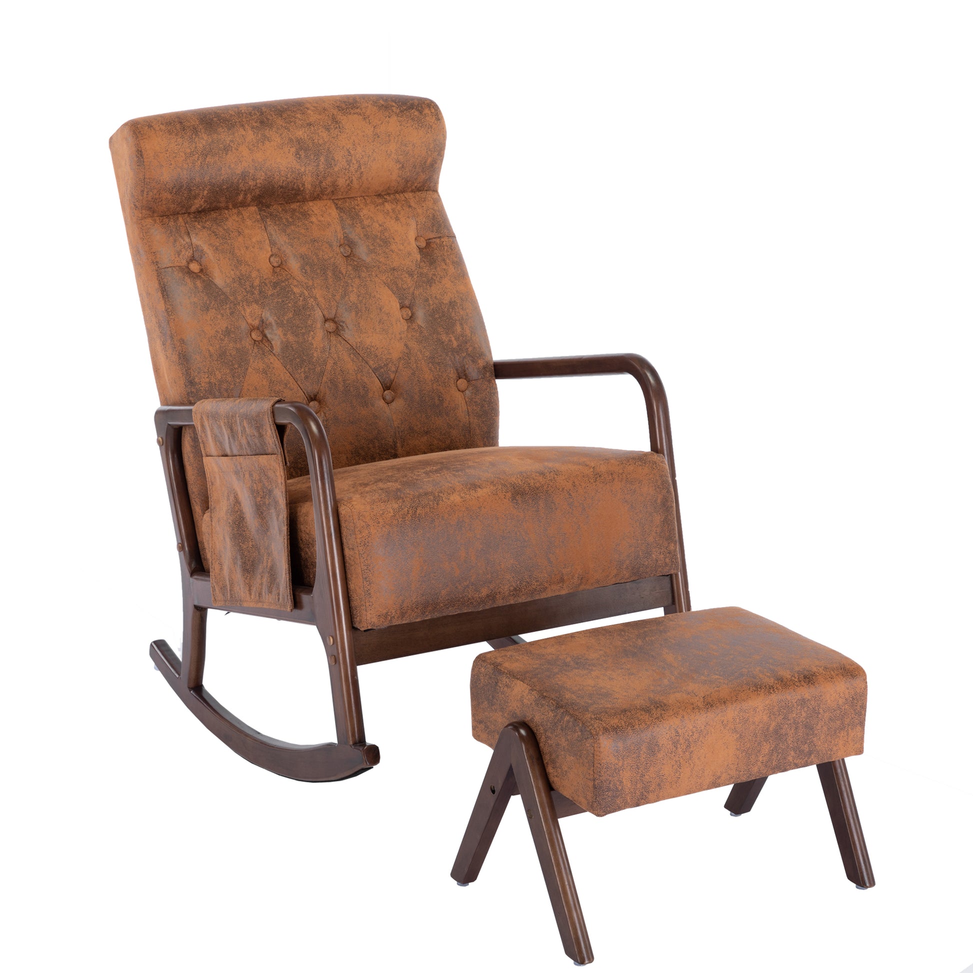 Coolmore Rocking Chair With Ottoman, Mid Century Modern Upholstered Fabric Rocking Armchair, Rocking Chair Nursery With Thick Padded Cushion, High Backrest Accent Glider Rocker Chair For Living Room Coffee Solid Wood