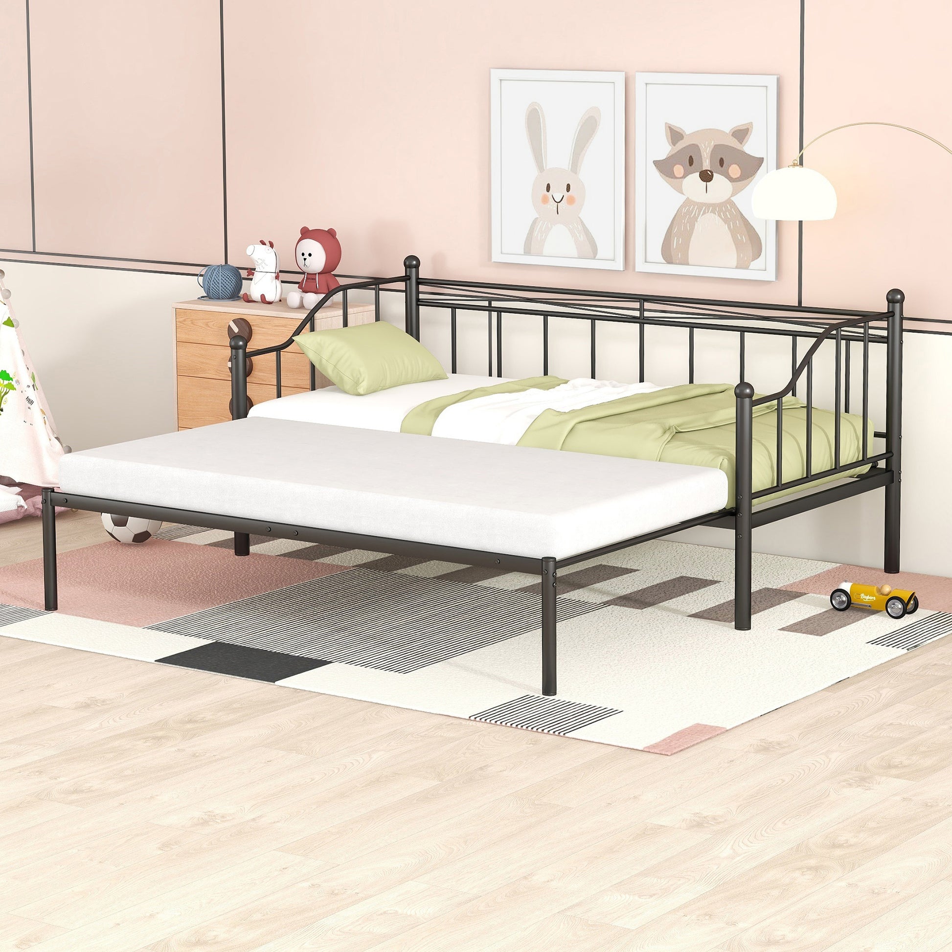 Twin Size Metal Daybed With Trundle, Daybed With Slat No Box Required Black Black Steel