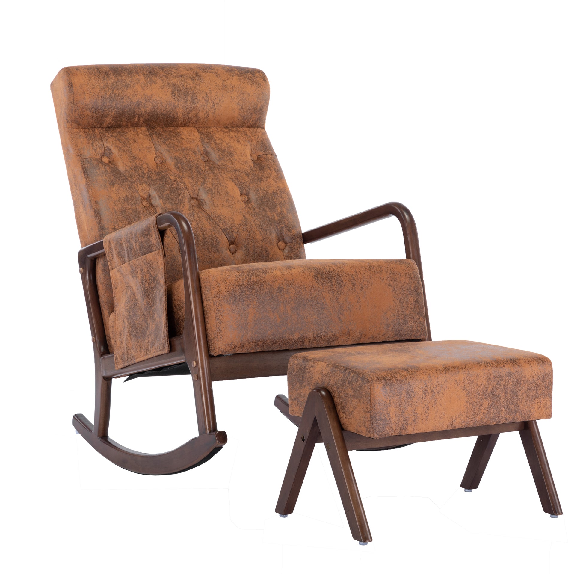 Coolmore Rocking Chair With Ottoman, Mid Century Modern Upholstered Fabric Rocking Armchair, Rocking Chair Nursery With Thick Padded Cushion, High Backrest Accent Glider Rocker Chair For Living Room Coffee Solid Wood