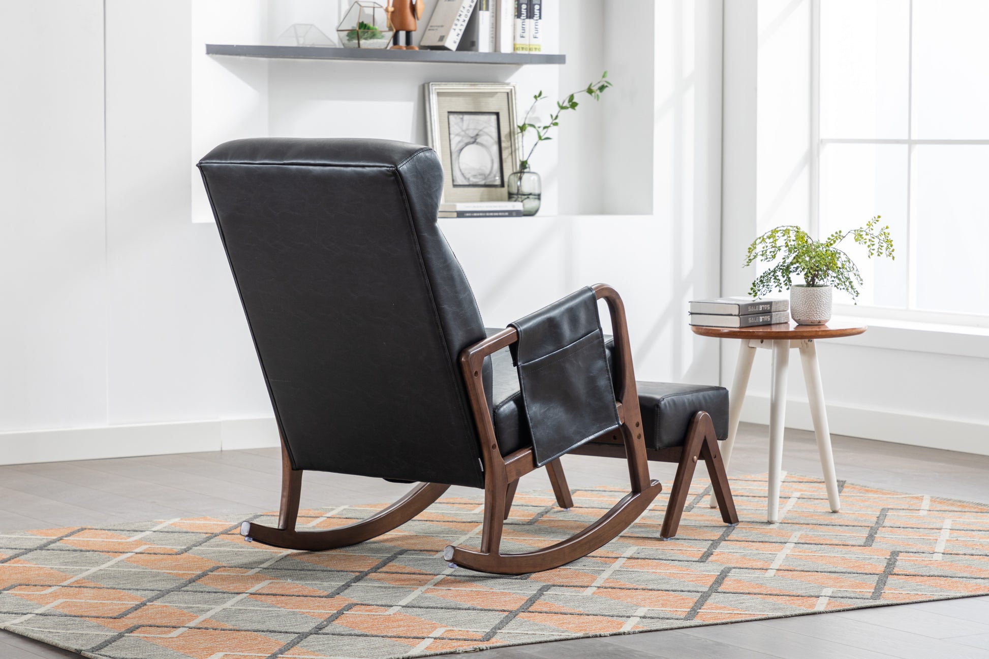 Coolmore Rocking Chair With Ottoman, Mid Century Modern Upholstered Fabric Rocking Armchair, Rocking Chair Nursery With Thick Padded Cushion, High Backrest Accent Glider Rocker Chair For Living Room Black Pu Solid Wood