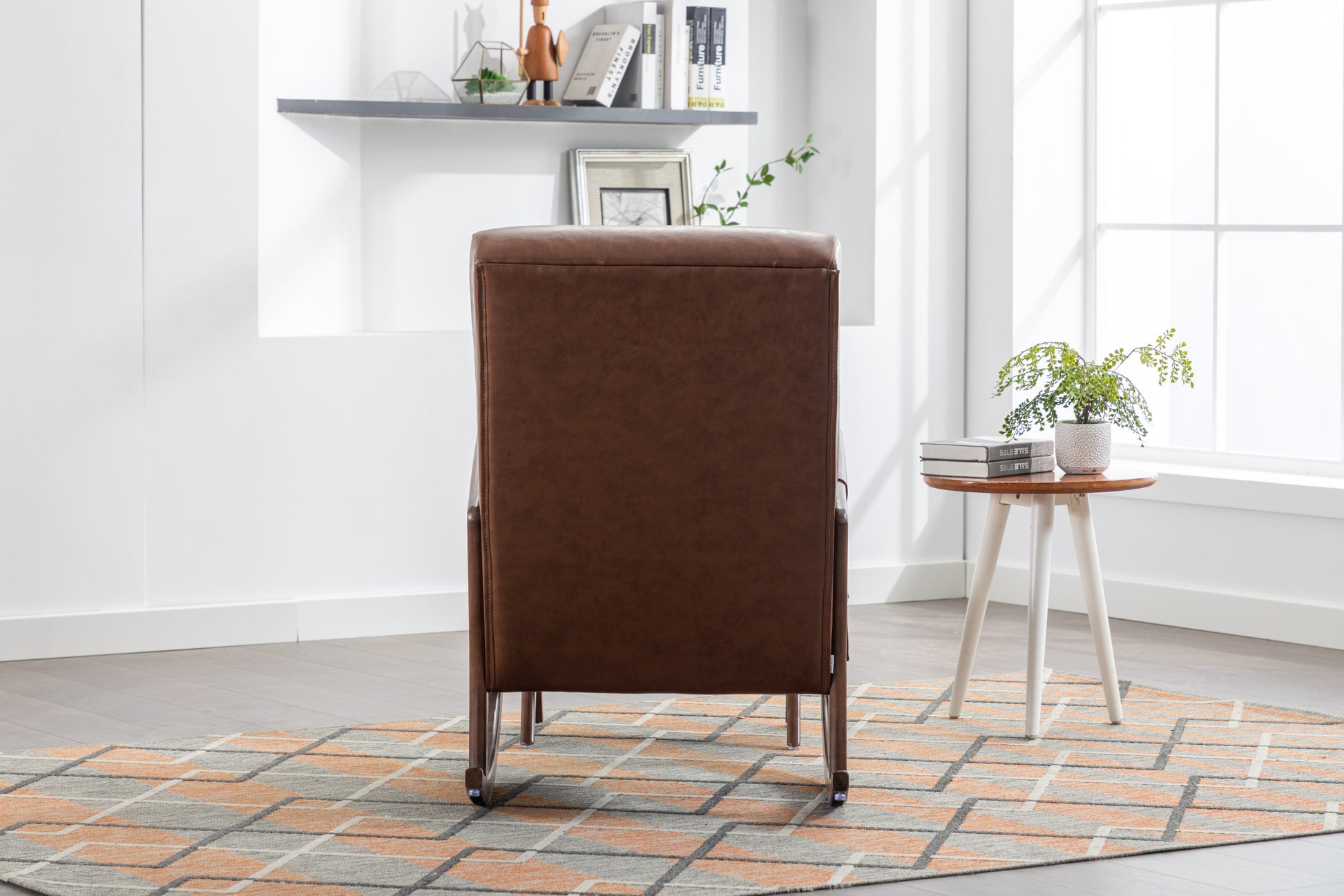 Coolmore Rocking Chair With Ottoman, Mid Century Modern Upholstered Fabric Rocking Armchair, Rocking Chair Nursery With Thick Padded Cushion, High Backrest Accent Glider Rocker Chair For Living Room Brown Pu Solid Wood