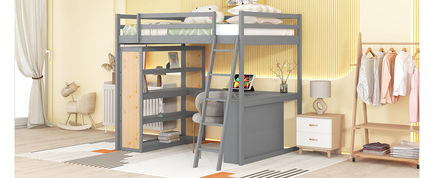 Full Size Loft Bed With Ladder, Shelves, And Desk, Gray Old Sku:Lt100226Aae Gray Solid Wood Mdf